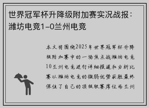 世界冠军杯升降级附加赛实况战报：潍坊电竞1-0兰州电竞